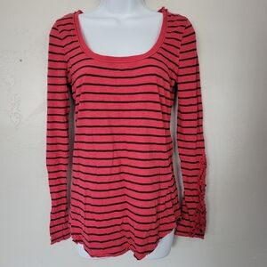 Free People Women's Medium Coral Pink Navy Striped Long Sleeve Shirt Scoop Neck